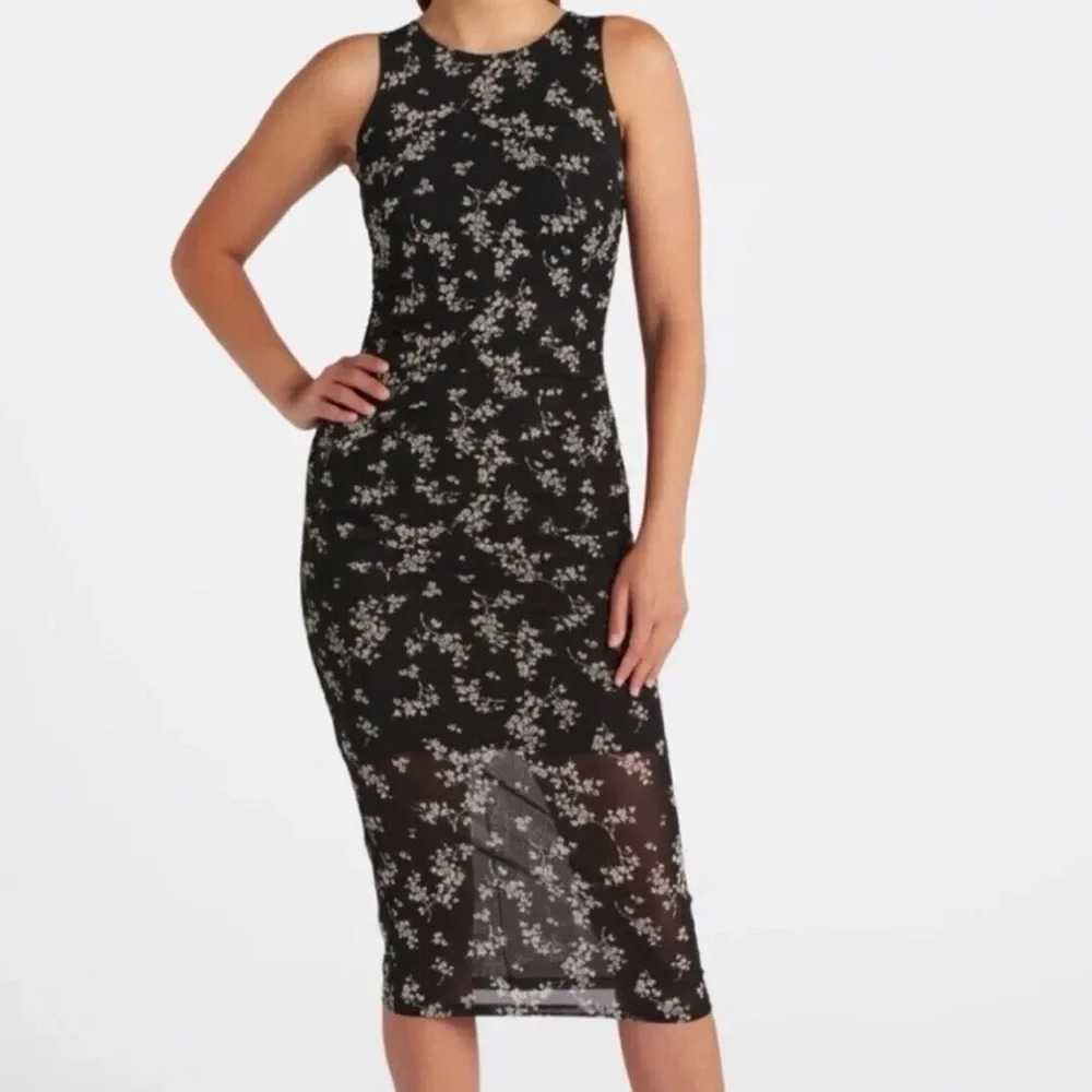 NWT 41 Hawthorn Black Floral Sophia Fitted Mesh Midi Dress